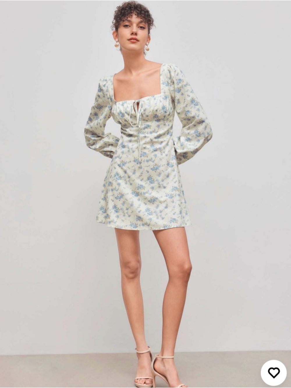 Cider Cream Mini Dress with Pale Blue Floral Print and Puff Sleeves